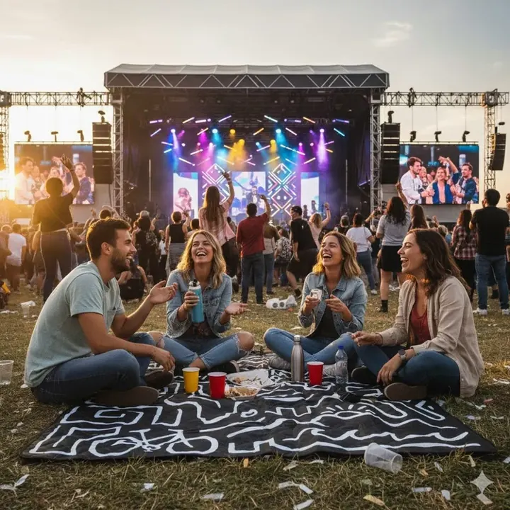 Friends sitting on a black and white HAMI picnic blanket in front of a festival stage